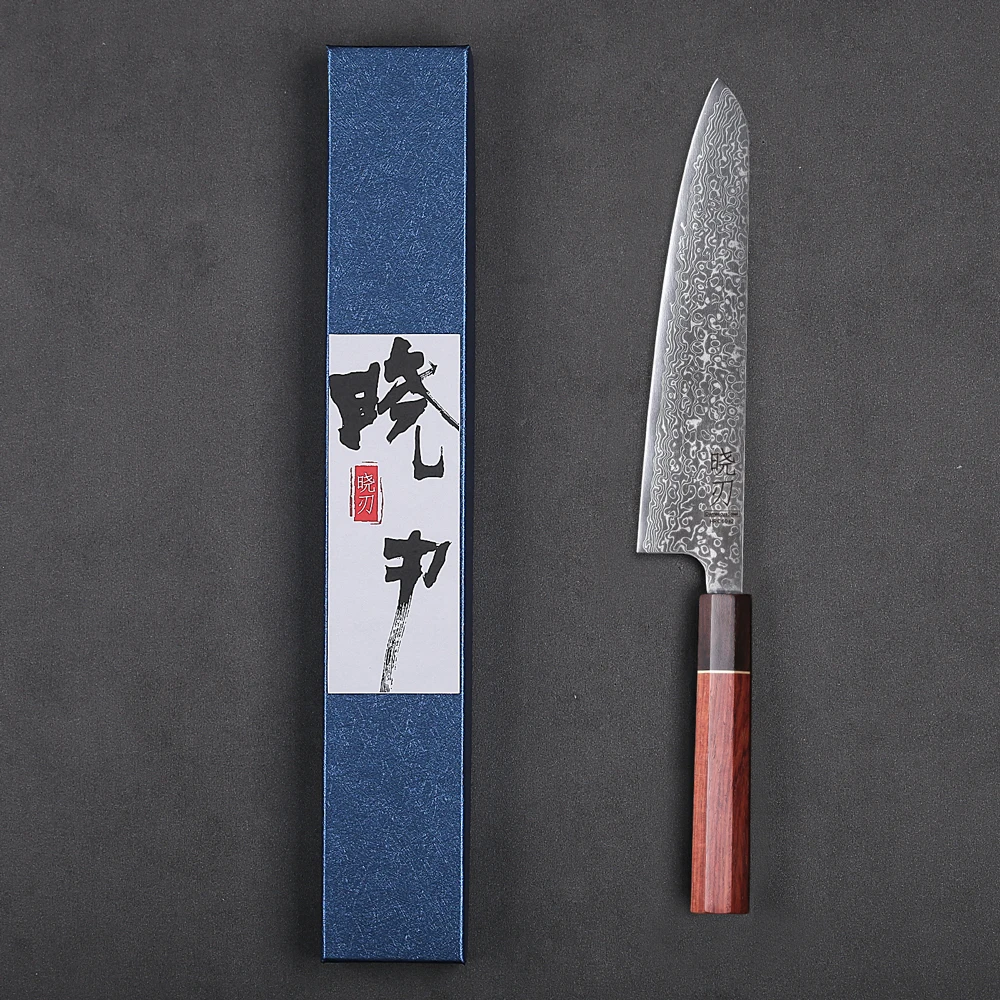 Cuchillo de Chef de 8.2 Pulgadas, Acero de Damasco, Cuchillos de Cocina Profesionales, Cuchillo para Cortar Carne con Mango Octagonal Clásico Hecho a Mano en Japón