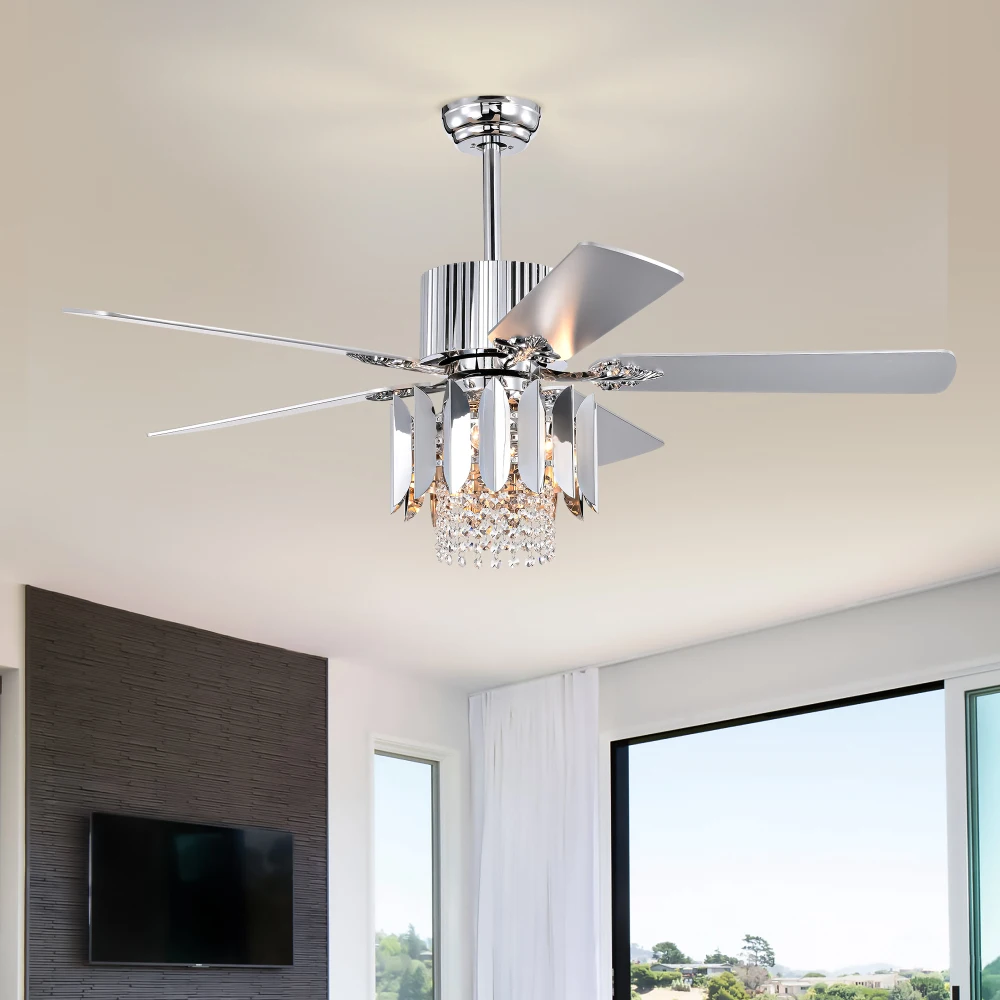 

Crystal Ceiling Fan Reversible Blades 3 Wind Speeds Remote Control for Bedroom Living Dining Room-Chrome