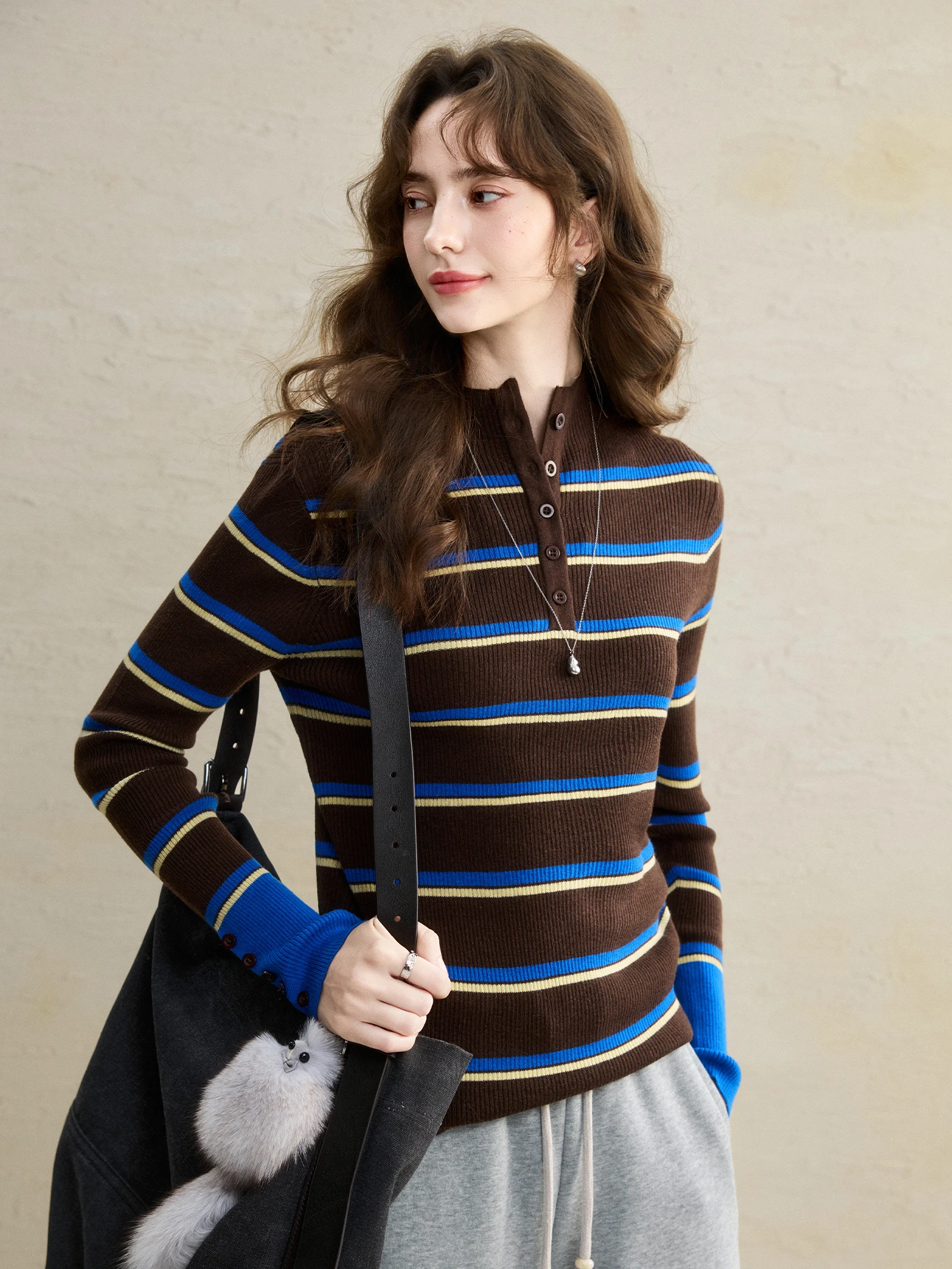 

Retro Gradient Silk Wool Yarn Knitwear Women's Spring Long Sleeve Shirt Collar Pullover Striped Color Block Slim Fit Inner Wear