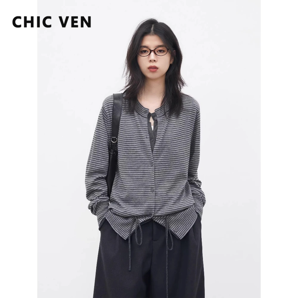 

CHIC VEN Women Cardigan Loose Casual New Design Fake Two-piece Striped Knitted Sweaters Female Top Spring Autumn 2026