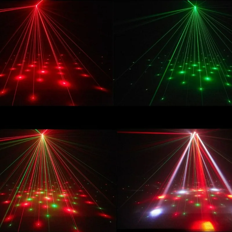 Four Arm Rotating Stage Light with Remote Control Red Green Laser White Light Flash DMX512 Sound Control Bar Dance Party Lights