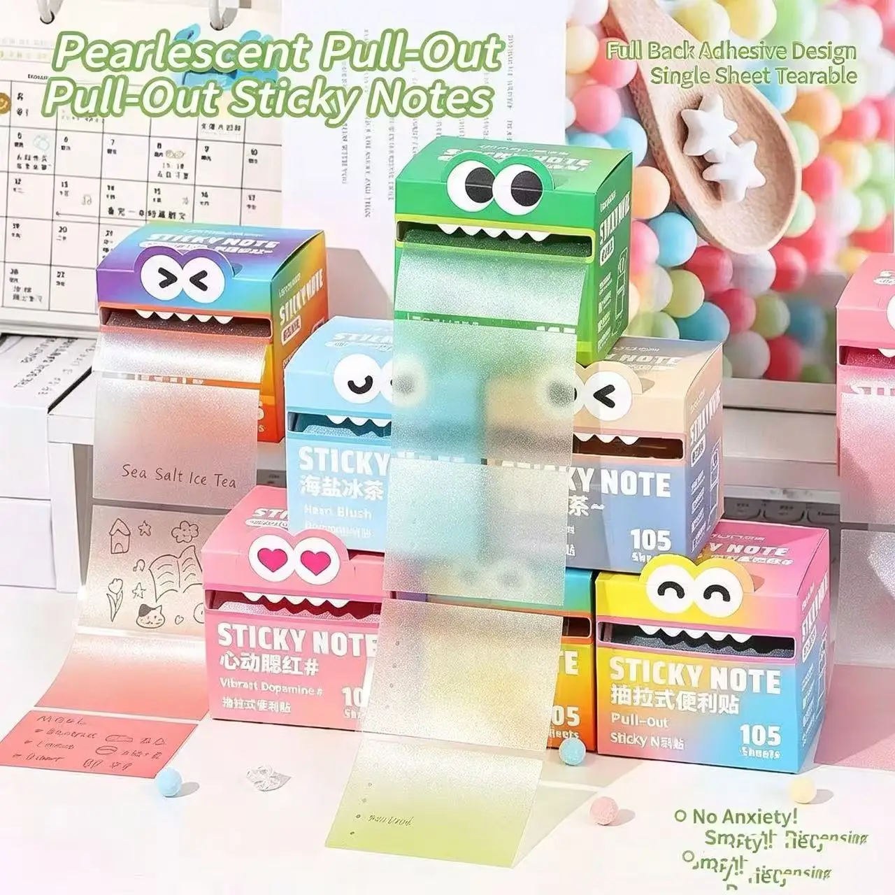 Cute Cartoon Pull Out Sticky Notes, Pearlescent Dopamine Color Self Adhesive Memo Pad, 105 Sheets/Roll Random Color Full Back Gl
