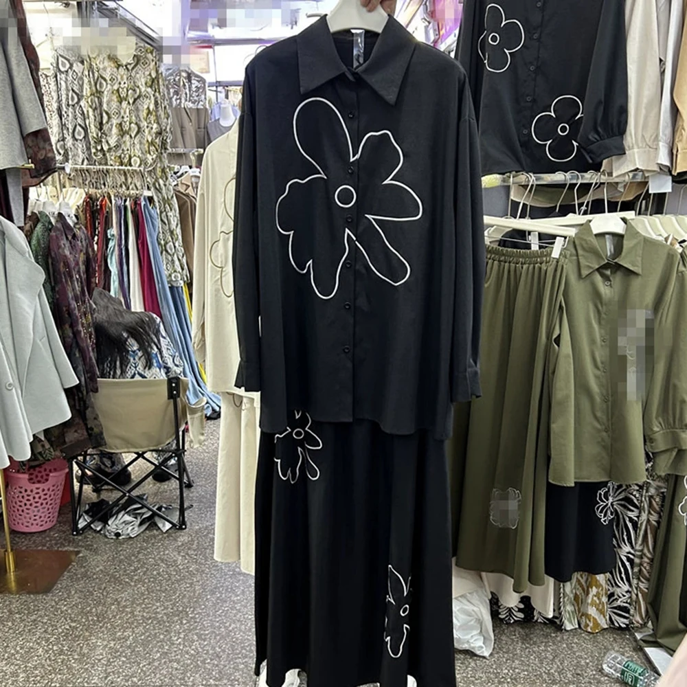 Camisa holgada de manga larga bordada de diseño europeo + falda con cintura elástica conjunto de dos piezas-GZTZ010