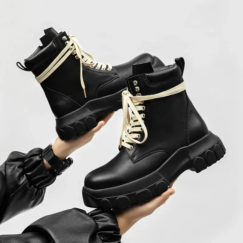Mens 2024 Work Boots British Style Thick Sole High Top Boots Autumn Leather Black Short Boots Zippered Motorcycle Shoes for Men