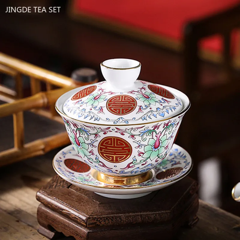 Palace Style Enamel Color Gaiwan Light Luxury Ceramic Teacup Home Office Beauty Tea Infuser Chinese Custom Tea Set Gifts