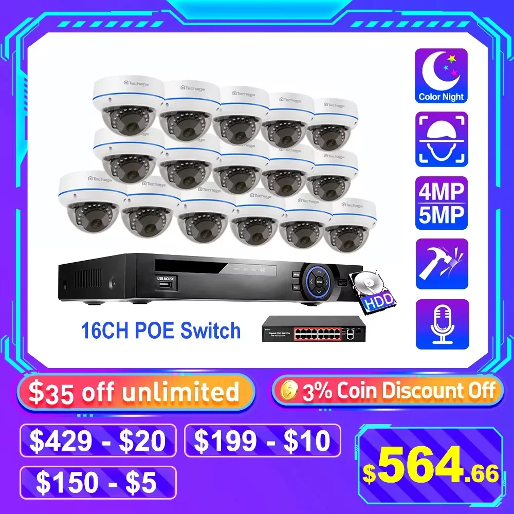 Techage 32CH 4MP 5MP POE Security Camera System Vandalproof IP Camera Audio Record Face Detection H.265 CCTV Video Surveillance