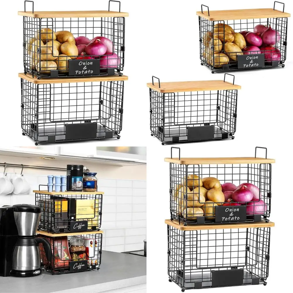 

Складные корзины XL из проволоки с бамбуковыми крышками — органайзеры для кладовой, кухни, столешницы для хранения продуктов, закусок, овощей