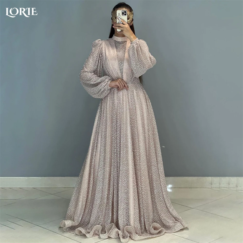 

LORIE Elegant Dot A-Line Formal Prom Dresses High Neck Puff Sleeves Princess Evening Dresses Saudi Arabia Bride Party Gowns 2022