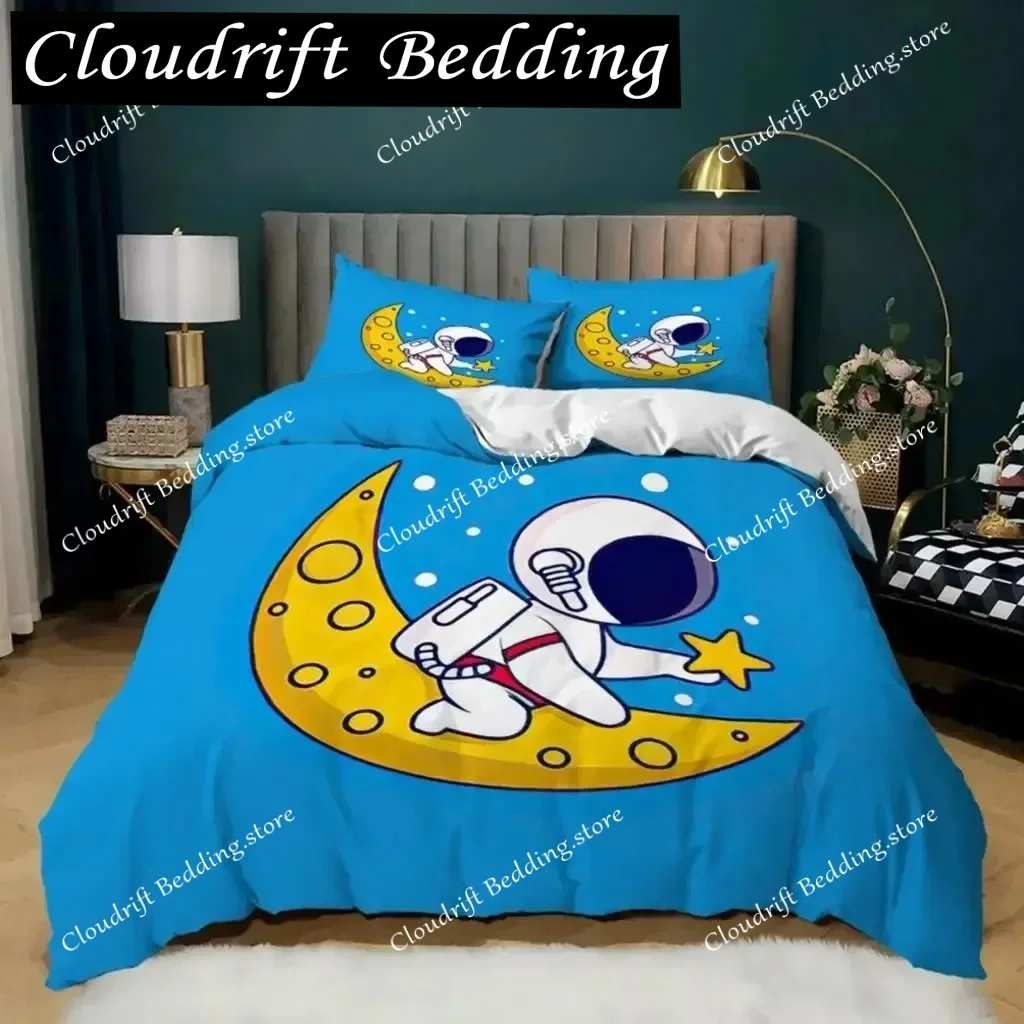 3D Print Astronaut Duvet Cover Set King Cartoon Astronaut Star Moon Bedding Set Microfiber Space Theme Full Twin Quilt Cover