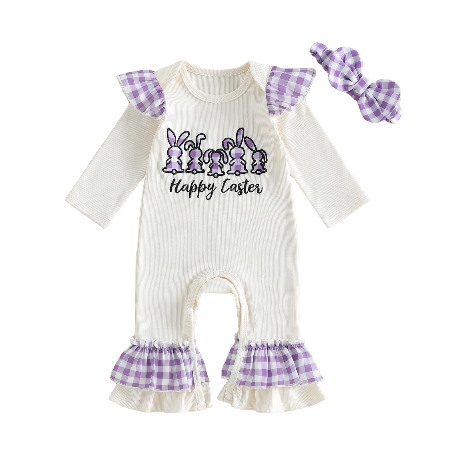 

Пасхальный комбинезон для маленьких девочек, клетчатый комбинезон с длинными рукавами и милой повязкой на голову, комплект для малышей