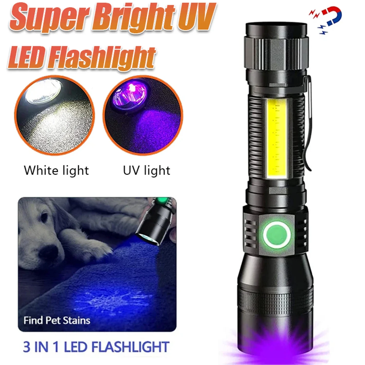 

Powerful Multifunctional LED UV Flashlight USB Rechargeable Emergency Lantern Zoomable Torch With Magnetic For Outdoor Camping