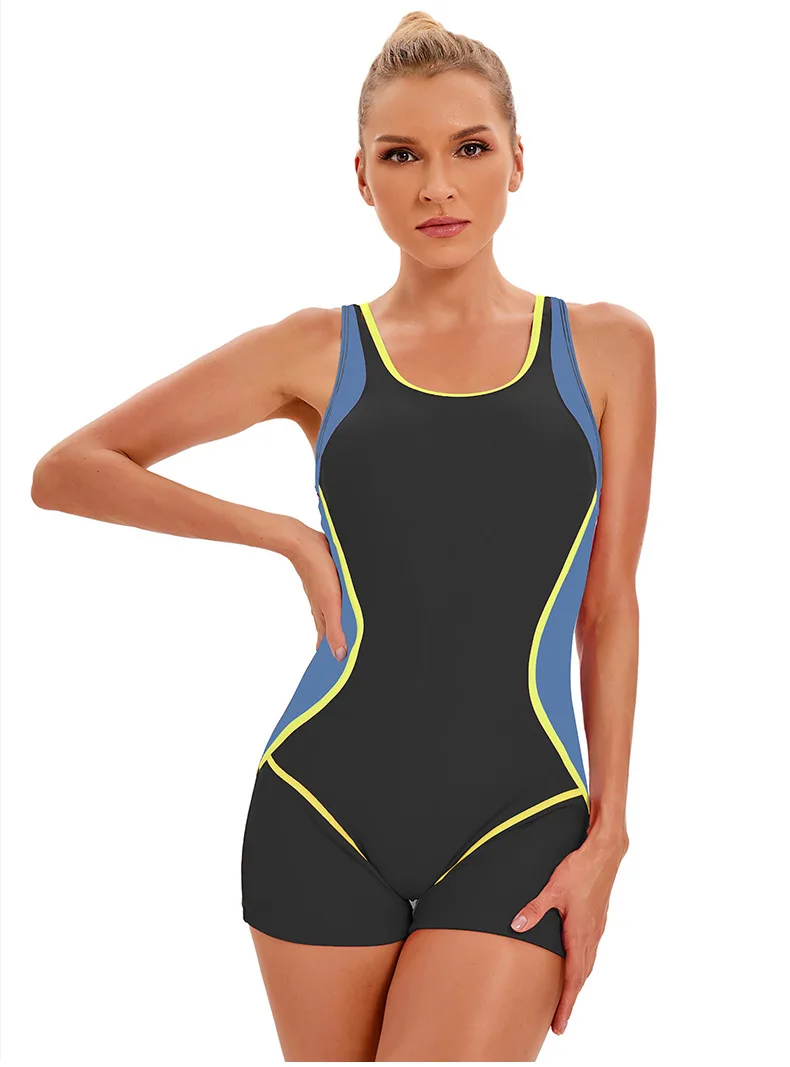New European and American sports one-piece swimsuit, female backless color-matching boxer swimsuit wholesale
