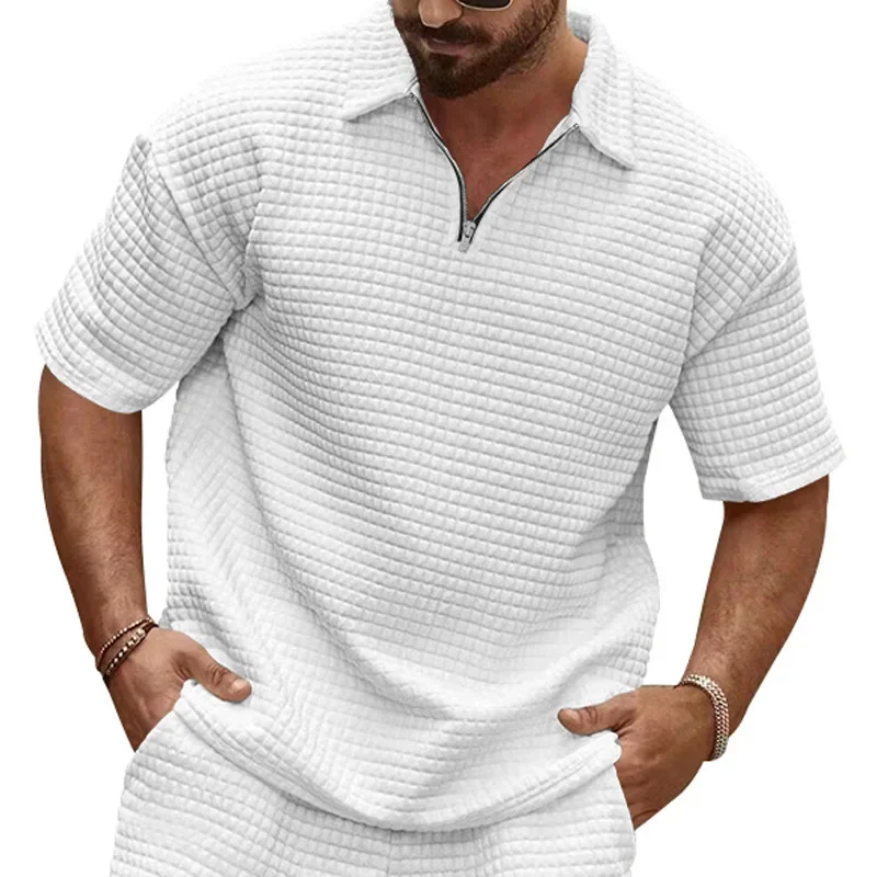 Summer New Polo Shirt Men's Casual Jacquard Small Square Solid Color Lapel Sports Short Sleeves