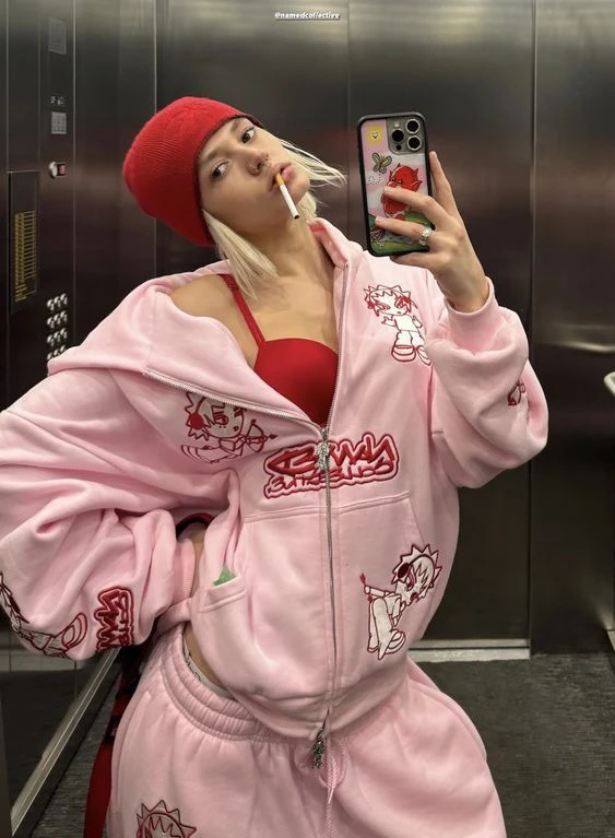 

Сексуальная американская уличная толстовка с капюшоном Jaet, комплект спортивной одежды с мультяшным принтом, длинная застежка-молния, повседневная женская одежда