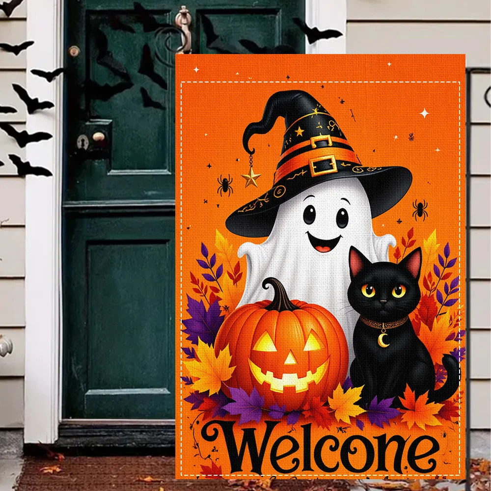 1pc Halloween Cute Ghost and Black Cat Garden Flag, double sided print, perfect for patio and outdoor holiday decorations (pole