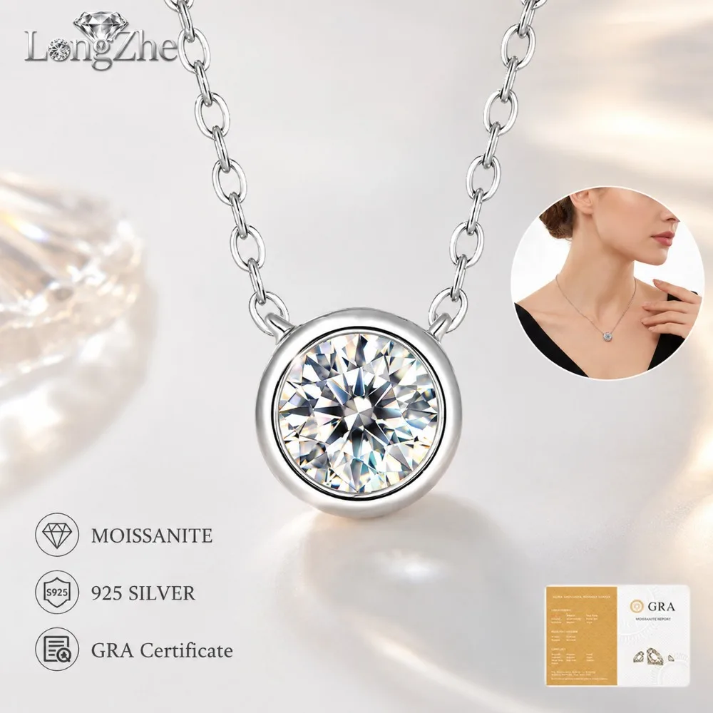 

S925 Silver Moissanite Necklace 0.5CT 1CT Round Bezel Pendant Rose Gold Silver Color For Women Daily Gift Fine Jewelry