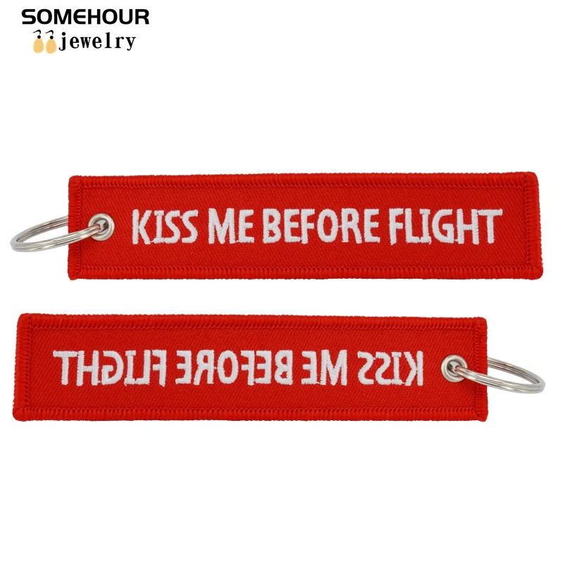 SOMEHOUR Kiss Me Before Flight KeyChain Label Embroidery Keyring Pink Red Luggage Tag Aviation Gifts For Car Bags Motorcycle