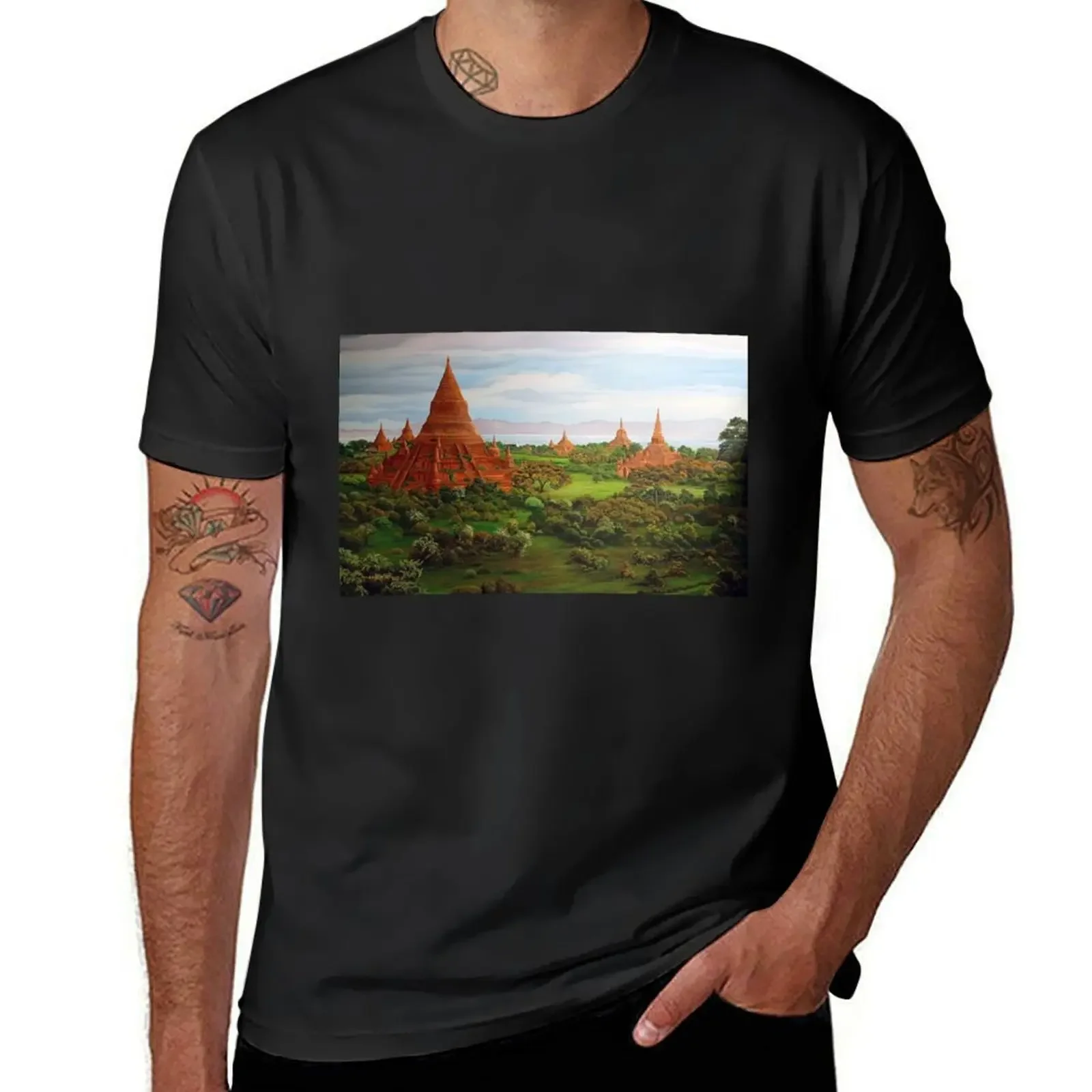 Pyramid temples of Buddha in Myanmar plain landscape painting T-Shirt anime blacks men graphic t shirts