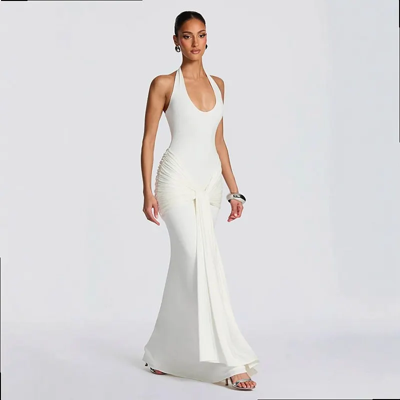Cross-Back Strap Tie Drape Bodycon Dress Spring Summer Satin Midi Dresses