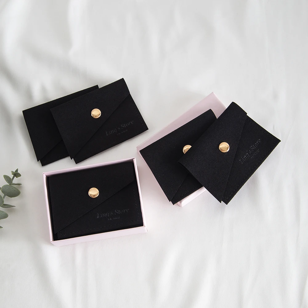 50pcs Custom Logo Elegant Black Bevel Jewelry Microfiber Snap Bag Perfume Oil Scarf Key Keychain Coins Organizer Pouch Purse Box view 4