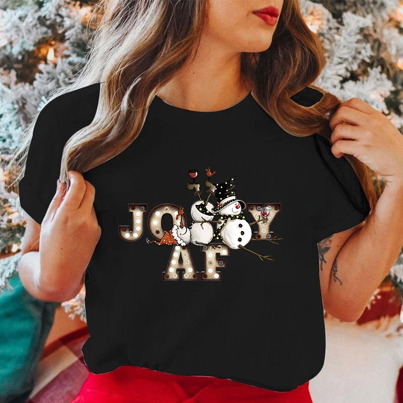 (Premium T-shirt)New Christmas Joy Af Snowman Letter Printed T-Shirts For Female Summer Tee Shirt Casual Short Sleeve Round Neck