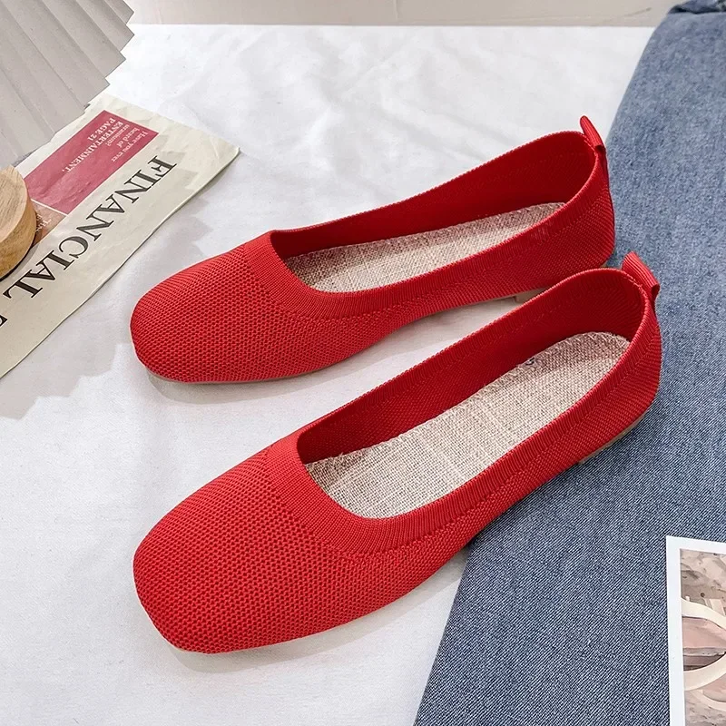 2024 Solid Color Slip on Mesh Loafers Stretch Knitted Ballet Flats Women Casual Soft Bottom Shallow Boat Shoes Classic Moccasins