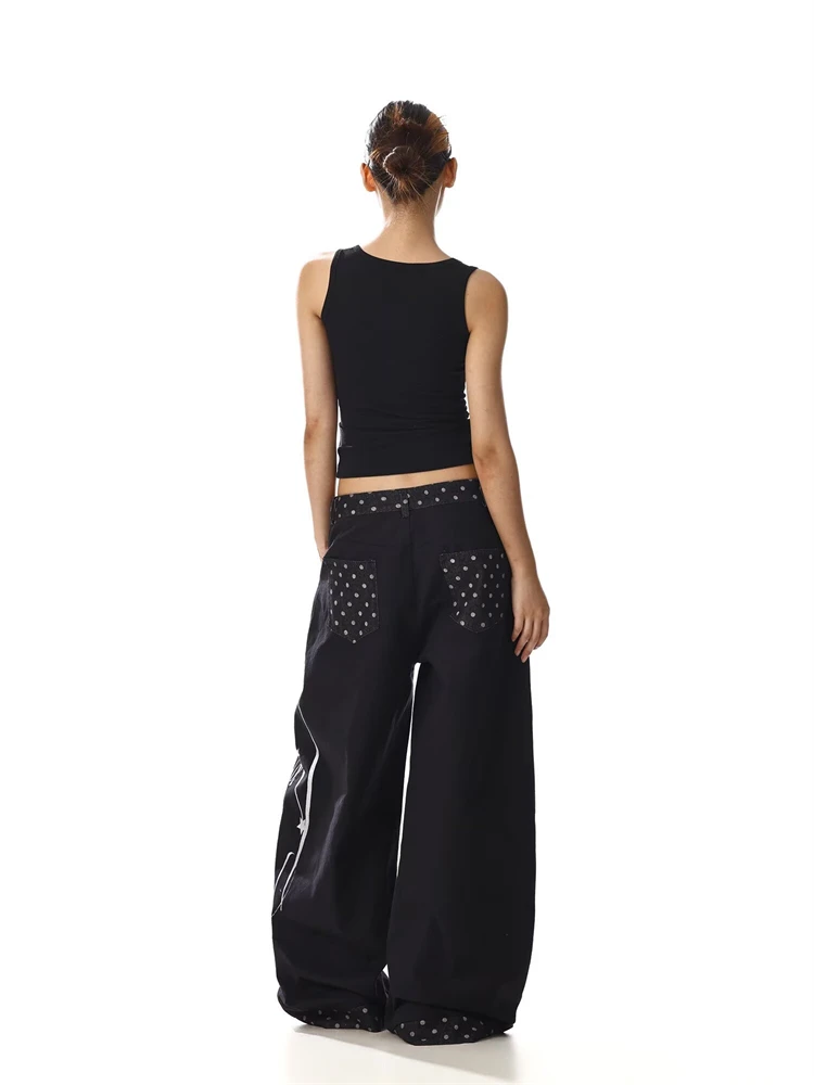 Women's Alphabet Print Pattern Wide Leg Sweatpants Hiphop Cool Girl Retro Street Bottoms Female High Waist Casual Black Pants