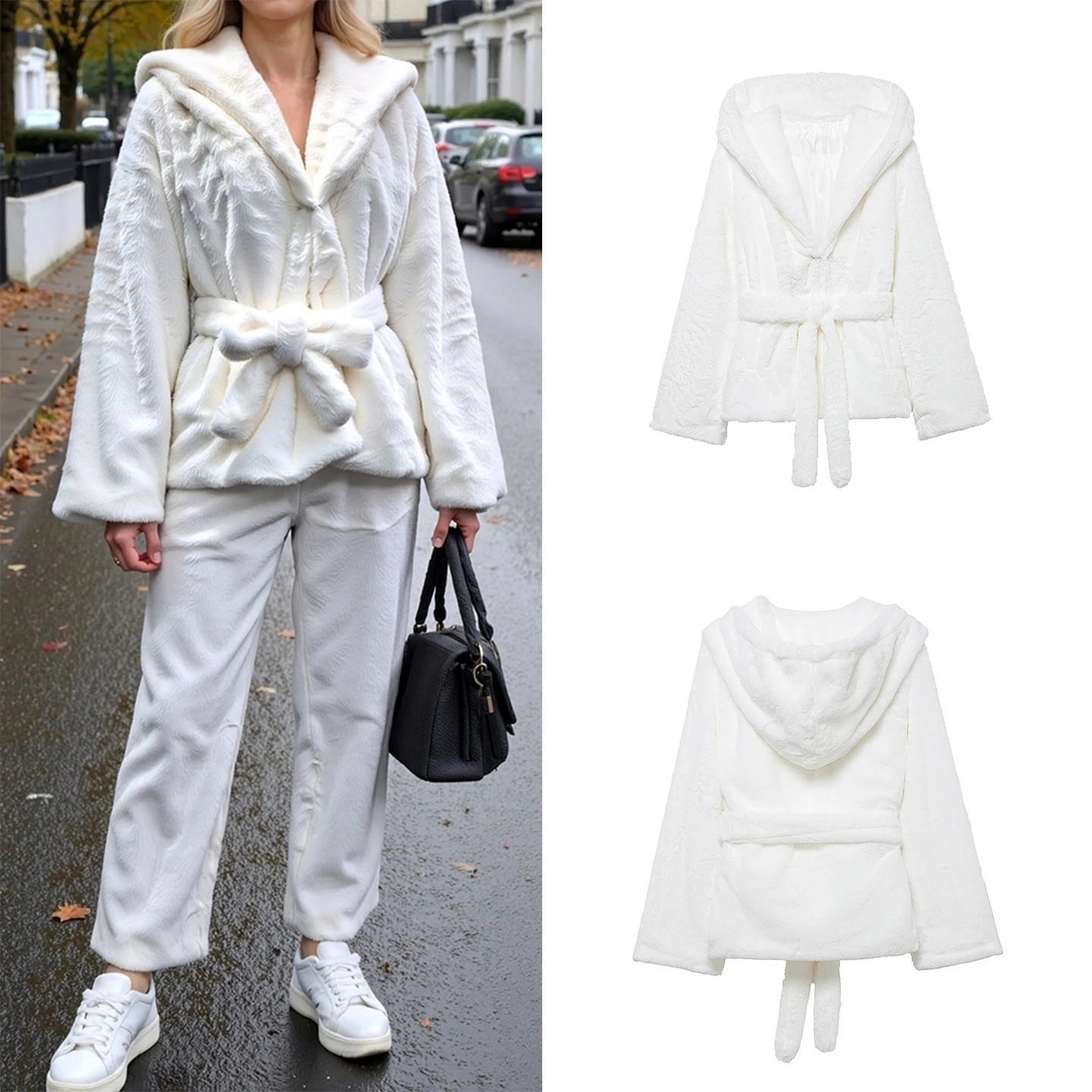 Ele Simple manteau femme avec ceinture et capuche hiver 2025 Faion Personali Match toutes saisons cuir fourrure Jaet