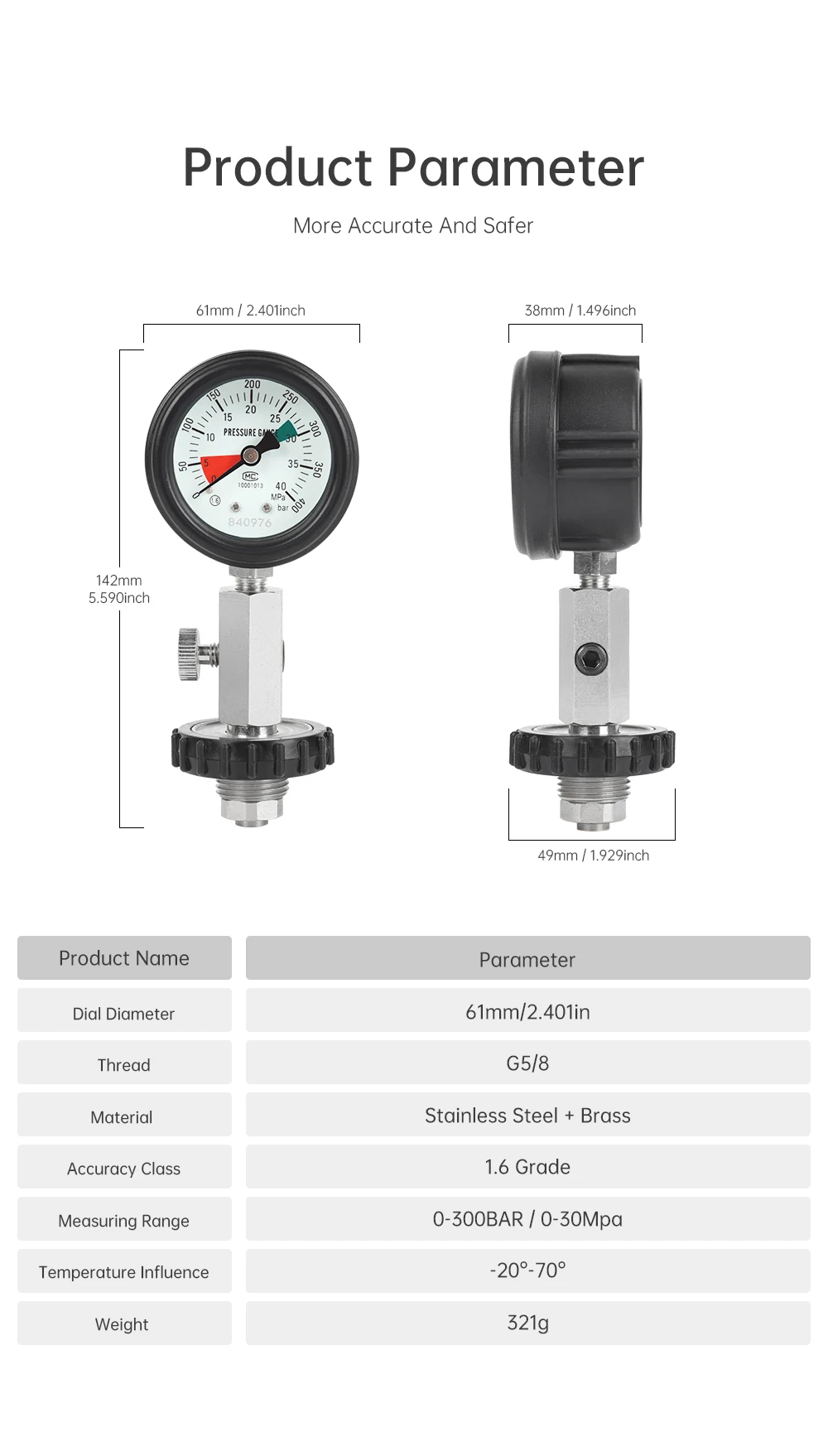 Scuba Choice G5/8 Gewinde für DIN-Tank Druckprüfer 5800 PSI/400 BAR Manometer, Langlebiges Edelstahl-Tauchventil-Zubehör – Detail 2