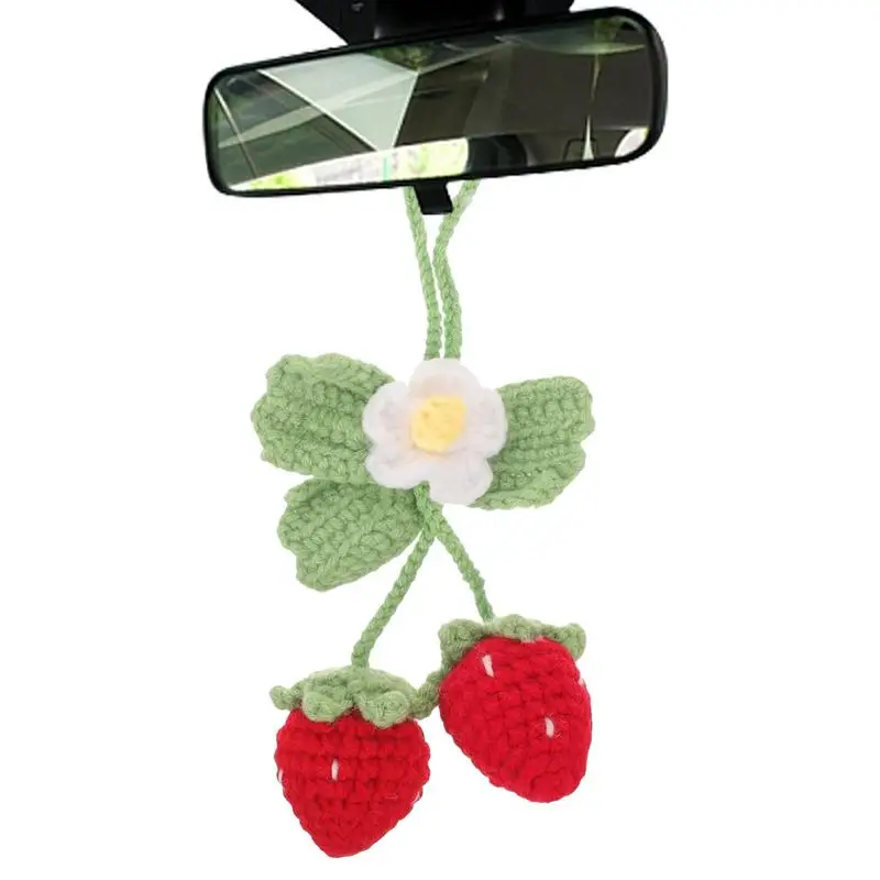 

20cm Cute Strawberry Fruit Car Decor Crochet Red Strawberry Car Hanging Teens Interior Rear View Mirror Decoration