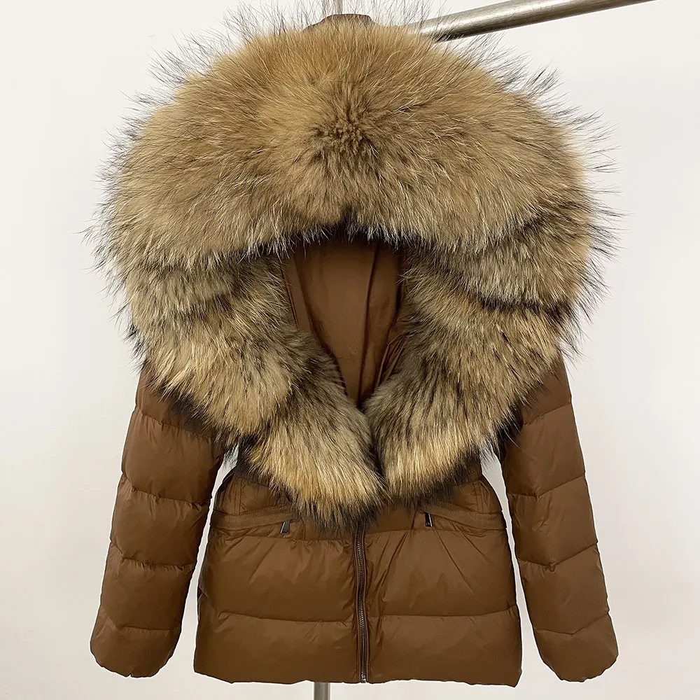 Winter Women Hooded White Duck Down Coat Natural Real Raccoon Fox Fur Collar Jacket Belt Thick Warm Casual Outerwear