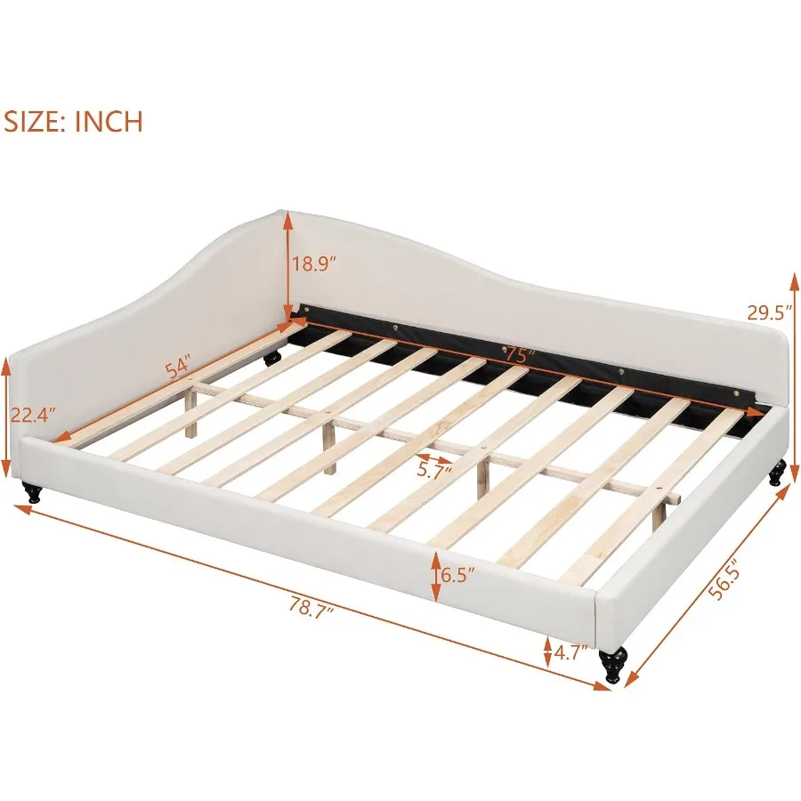 L-Shaped linen daybed bed frame for kids and adults, beige fabric with solid wood legs, versatile home and dorm use