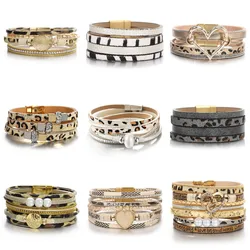 Amorcome Trendy Multiple Styles Leopard Print Leather Bracelets for Women Vintage Multilayer Wide Wrap Bracelets Femme Jewelry