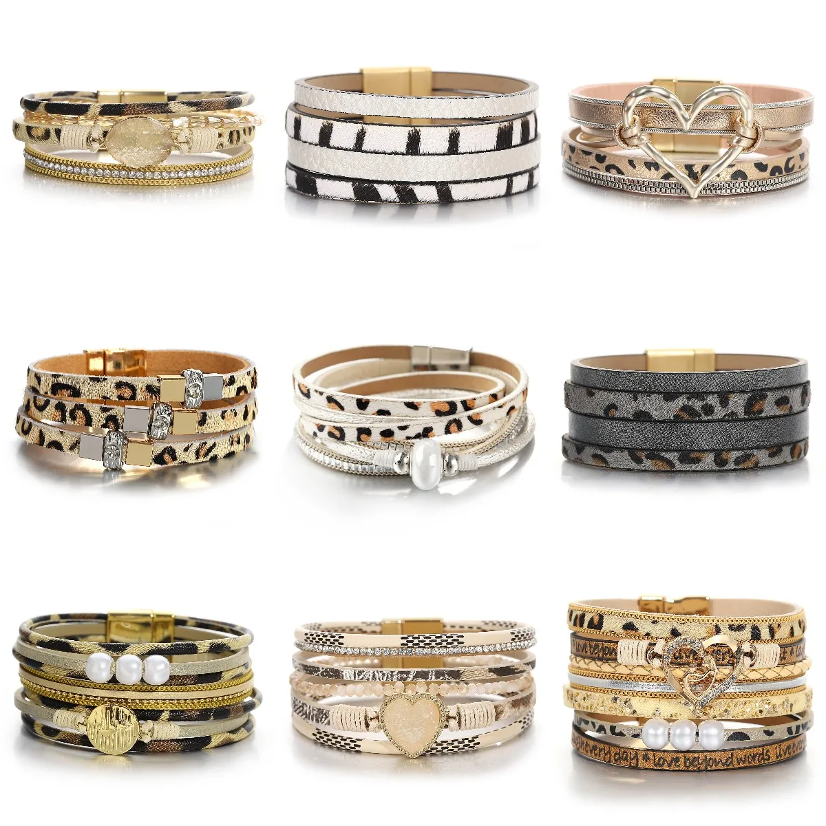 Amorcome modne wiele stylów wzór w cętki skórzane bransoletki dla kobiet w stylu Vintage wielowarstwowe szerokie bransoletki Femme biżuteria