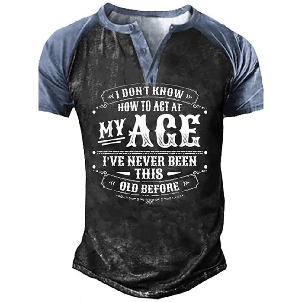 New Letter 3D Print Vintage Henley Shirts Men's Casual Fashion Streetwear Oversized Short Sleeve T Shirt Man Tees Tops Clothing