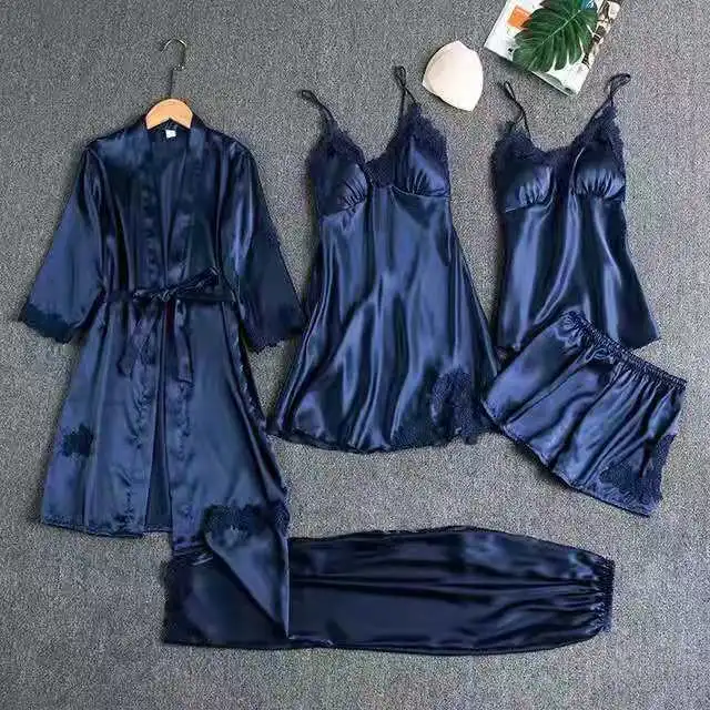 TXii Leepwear Female 5PCS Pajamas Set Satin Pyjamamas Lace Patchwork Bril Wedding Nightwear Rayon Home Wear Nighty&Robe Suit