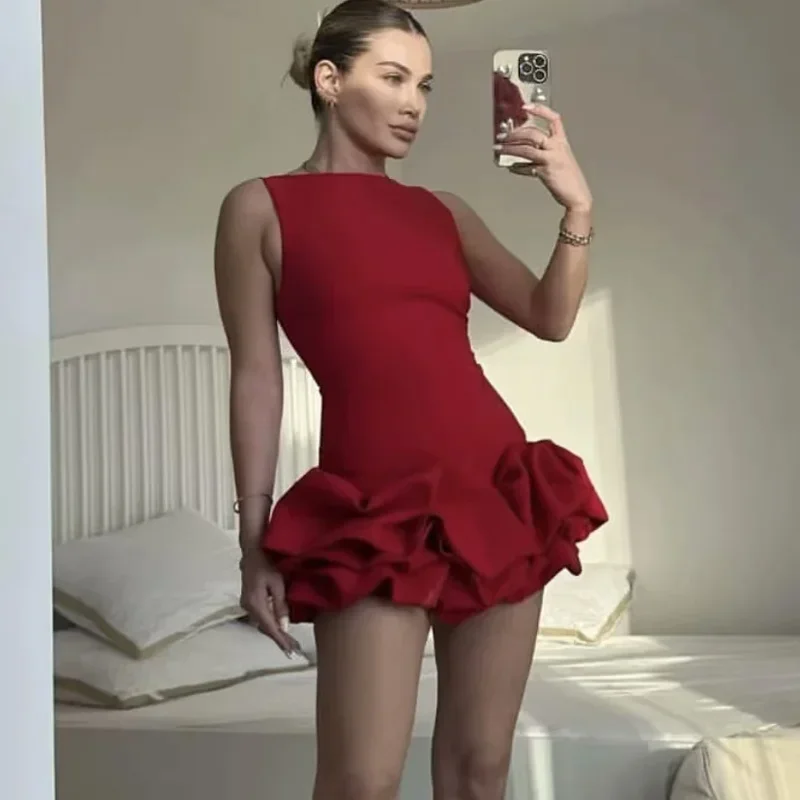 HXAO Women\'s Dress Red Short Dresses Ruffle Backless Black White Mini Dress Sexy Party Dresses