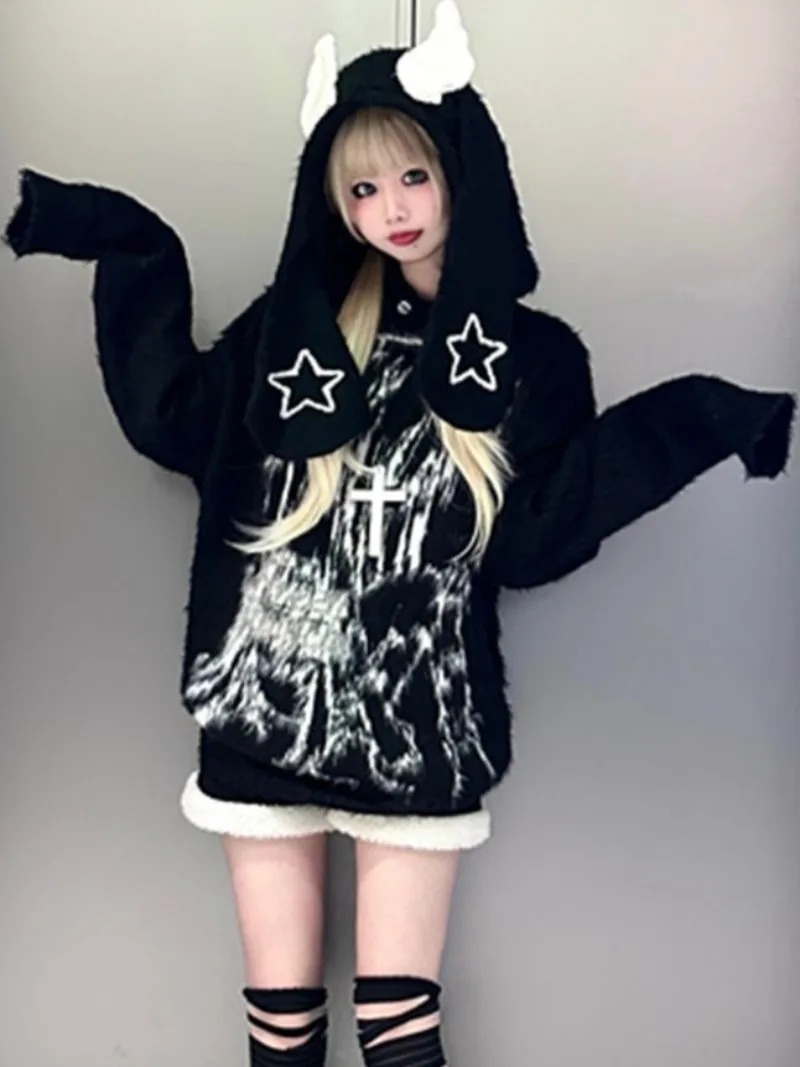 Y2k Plush Soft Rabbit Ear Wings Detachable Hooded Pullover Sweater Female Girls Sub-Culture Cute Print Long Sleeve Knit Sweater