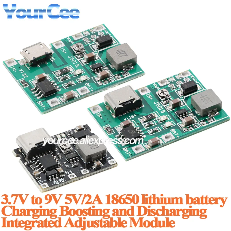 5pcs/1pc 3.7V 5V to 9V Charging Step Up Boost Board Module 2A Charger and Discharge 18650 lithium Battery Charging Integration