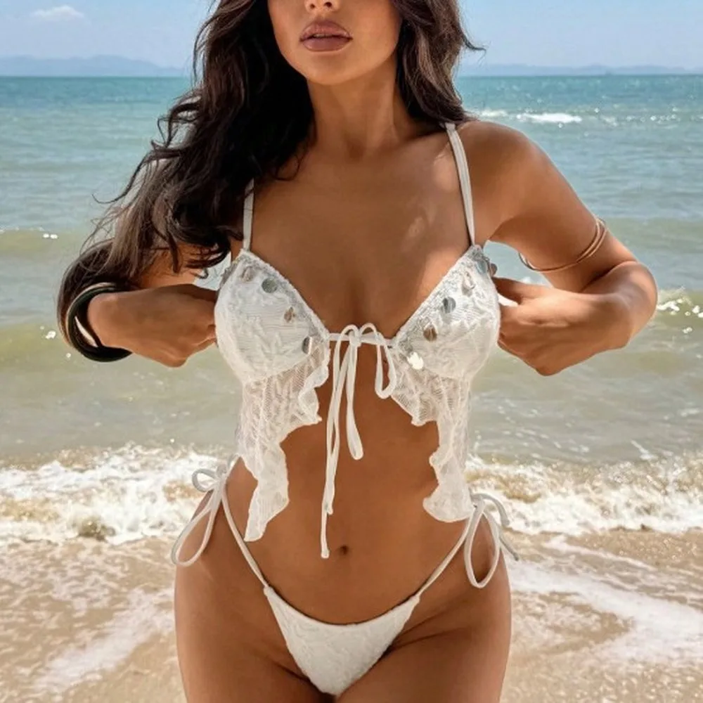 Women's Sexy Lace Sequins Strappy Bikini Set Summer Beach Vacation Swimwear Halter Top Adjustable Tie Side Thong SST648 Tankini