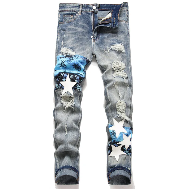 Jeans rasgado azul vintage masculino, calças stretch de ajuste fino, coqueiro, estrelas