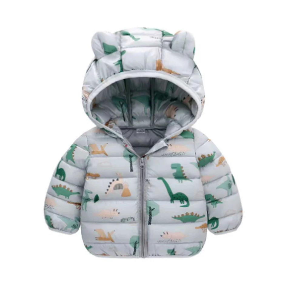 Children Boys Baby Hooded Lightweight Down Jackets Warm Outerwear Autumn Kids Girls Coats Cartoon Dinosaur Print Casual Clothing