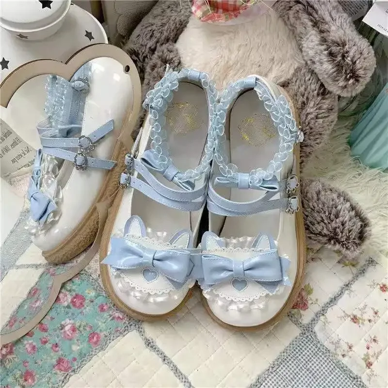 Buty damskie z okrągłym noskiem gotyckie niebieskie Mary Jane słodkie Kawaii styl japoński Lolita damskie płaskie wiosenne modne koreańskie