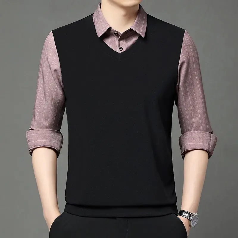 وهمية قطعتين الرجال قمصان بولو بدوره إلى أسفل طوق مخطط المرقعة الأعمال عادية الحرارية طويلة الأكمام مريحة محبوك القمم