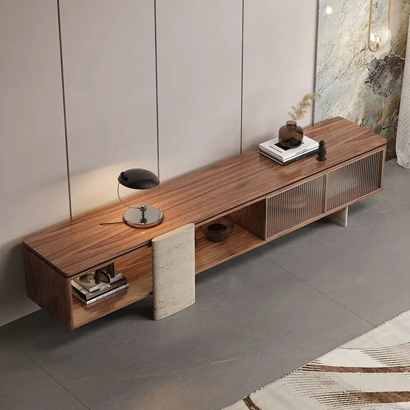 A  minimalist walnut TV cabinet high Nordic light luxury marble TV cabinet