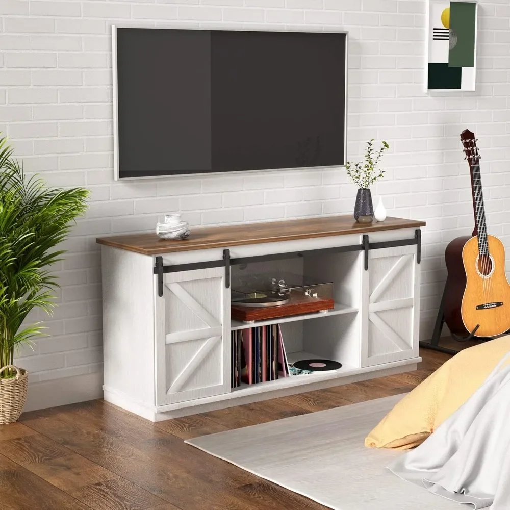 Farmhouse TV Stand e Entertainment Center, com portas de celeiro deslizantes, armários de armazenamento, até 65 polegadas