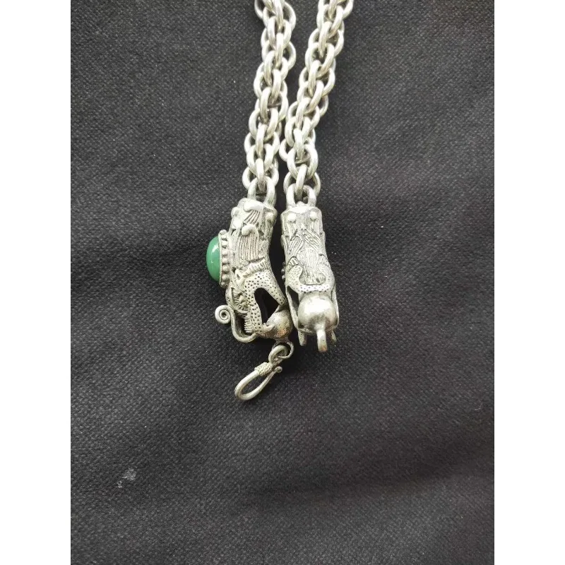 سوار كلاسيكي مصنوع يدويًا من قلادة رأس التنين الفضية التبتية المرصعة بالأيشم والأحجار، هدية عطلة للأصدقاء #5