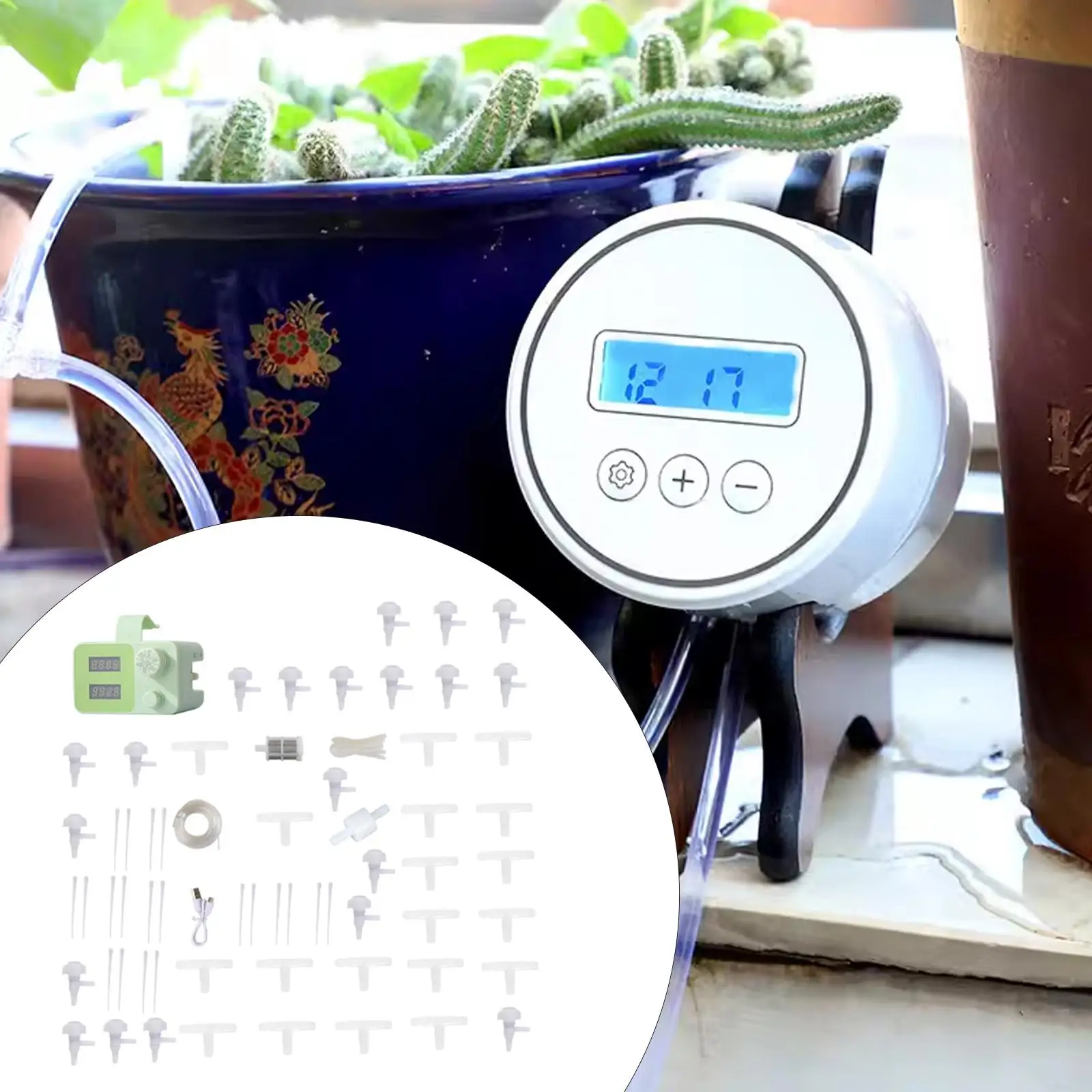 

DIY Automatic Plant Irrigation Kit Self Watering System Rechargeable Adjustable for Balcony 15M PVC Hose 30 Days Timer