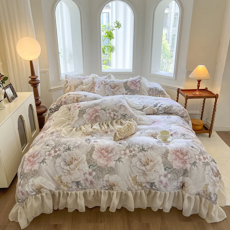 Floral Print Washed Cotton (Not Pure Cotton) Bedding Set Bed Skirt Bedspread Quilt Cover French Vintage Lace Princess Bed Set