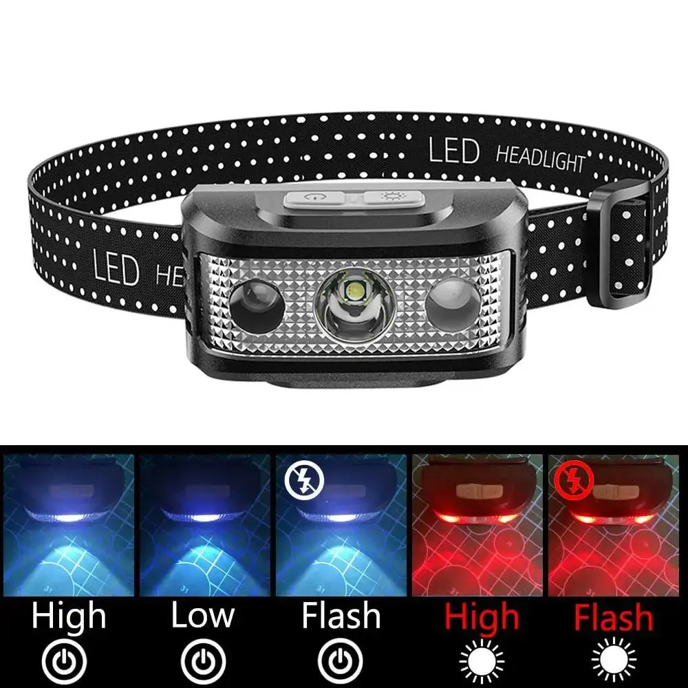 Red LED Headlamp USB Rechargeable Portable Powerful Headlight Built-in Battery Waterproof White 5Mode Head Torch Flash Head Lamp